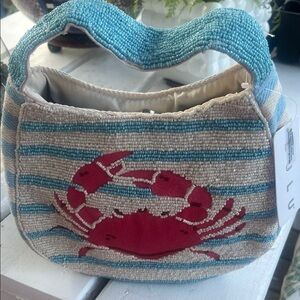 Blue & Cream Beaded Mini Hobo Bag with Pink Crab Motif
